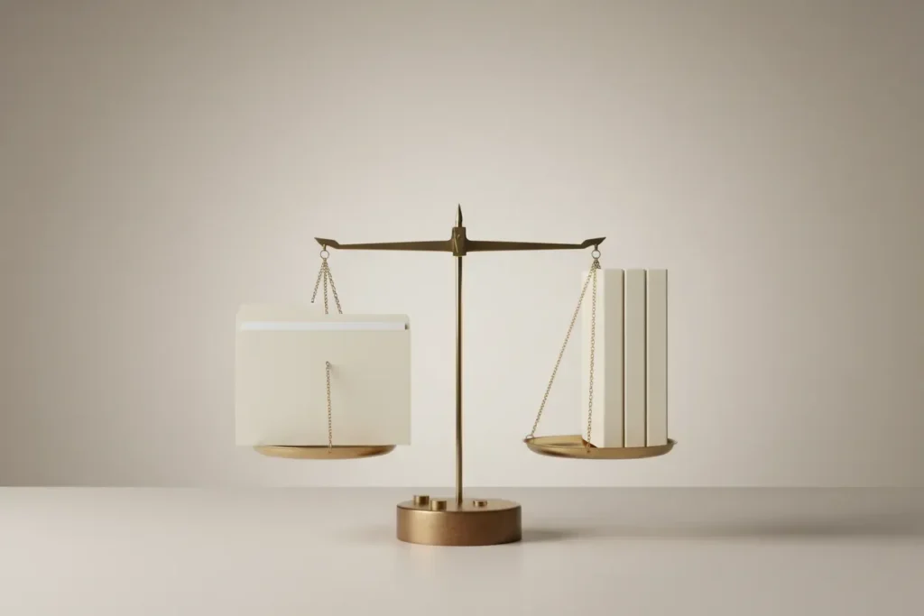 Brass balance scale weighing a single folder against a stack of folders, symbolizing focused work and thoughtful delegation.
