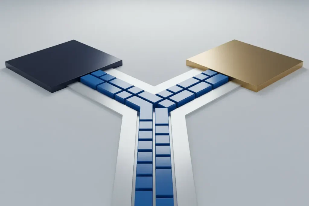 Blue task blocks split at a clear junction into two organized paths, symbolizing delegation and shared ownership.