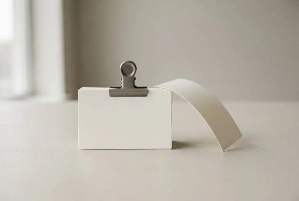 Blank process cards, neatly clipped with one flexible card extending outward, symbolizing lightweight documentation and adaptability.